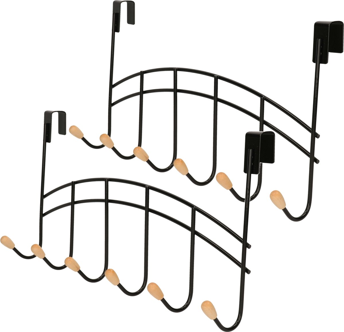 Zeller Deur kapstok - 3x - zwart - 6 haken - 41 cm - kastdeur kapstok - metaal/hout