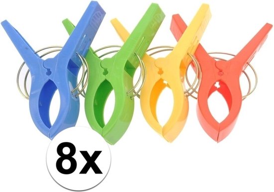 Grote knijpers - 8x stuks - gekleurd - 12 cm - plastic - XL - handdoeken/badlakens knijpers
