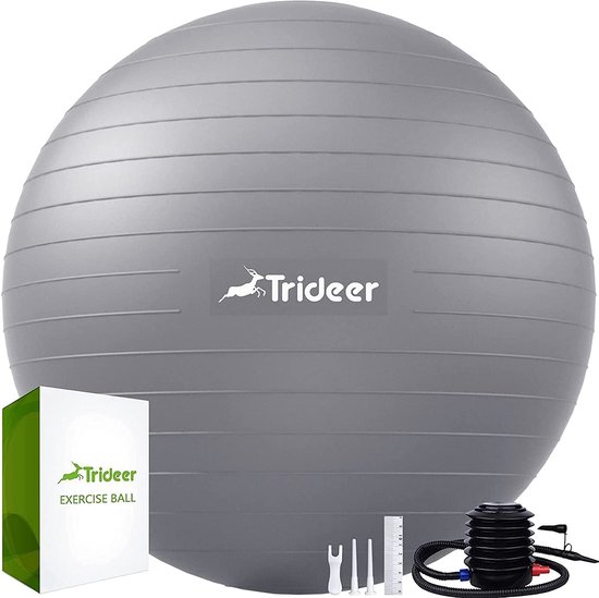 Grijze Trideer oefenbal met logo, inclusief een doos, pomp en accessoires.