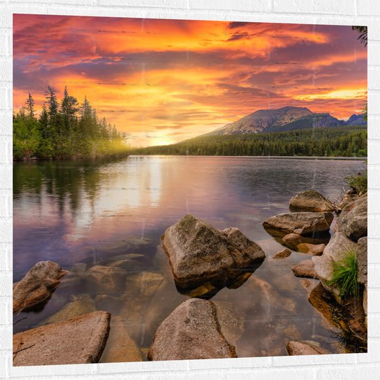 Muursticker - Zonsondergang aan een Meer met Prachtige Natuur - 100x100 cm Foto op Muursticker