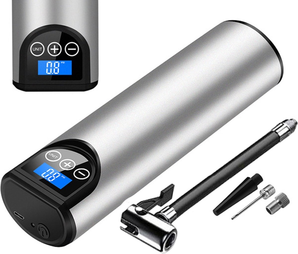 Compressor - Bandenpomp - Fietspomp - Luchtdrukpomp - Bandenpomp - Auto - Elektrisch - USB-oplaadbaar - Zilver - Met Oplaadkabel + 3 Opzetstukken