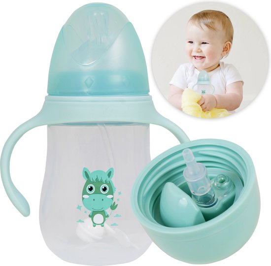 Babyflesje - Triple J® Babyfles - Drinkbeker Met Rietje - BPA-vrij - Magnetron Bestendig - Tot 3 jaar - 240ml – Lichtblauw