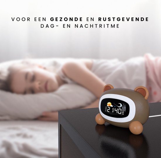 Kinderwekker met nachtlampje, slaaptrainer voor naast het bed met 6 witte ruis