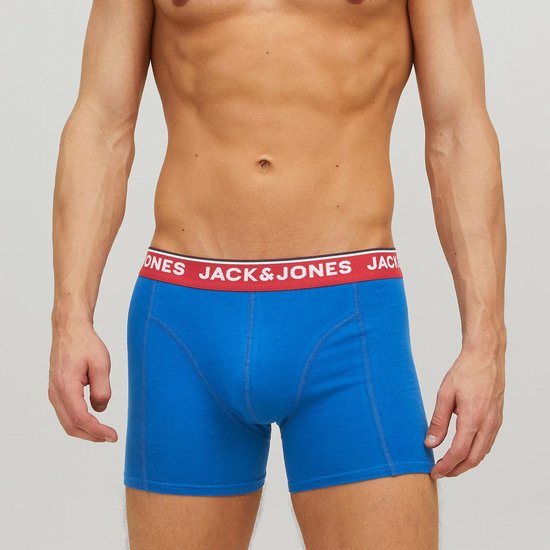 Blauwe boxershorts met rode en witte band met 'JACK & JONES' logo.