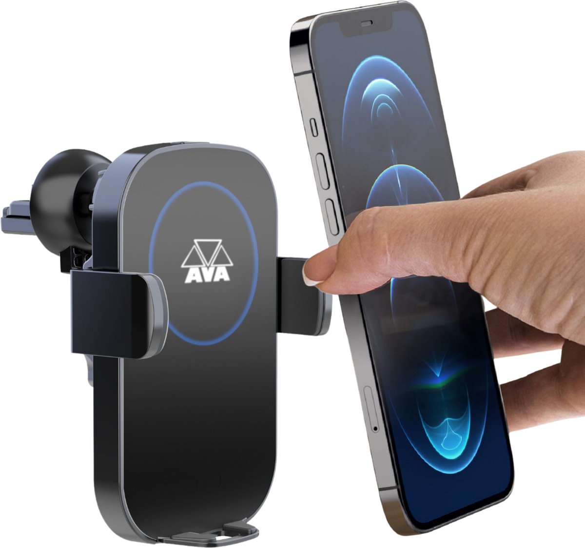 AVA electronics Telefoonhouder Auto met Draadloze Oplader - Autolader voor Raam, Dashboard, Ventilatierooster en Bureau