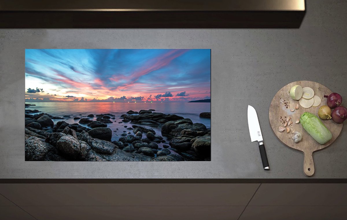 Inductieplaat Beschermer - Stenen in het Water bij Blauw met Roze Lucht - 80x52 cm - 2 mm Dik - Inductie Beschermer van Vinyl