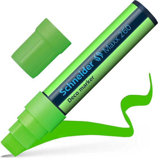 Marqueur décoratif Schneider Maxx 260 vert fluo avec capuchon et trait vert.