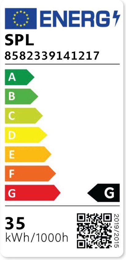 Energie-etiket met classificatie G, 35 kWh/1000h, voor lampen SPL 8582339141217.