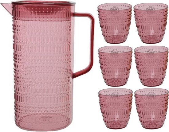 Schenkkan/waterkan/sapkan/limonadekan set met 6 glazen roze