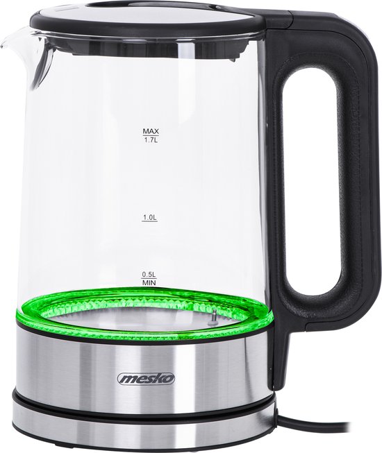 Glazen waterkoker met zwart handvat en RVS voet, met groen licht.