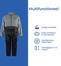 Grijs en zwart multifunctioneel C-line regenpak met symbolen voor kwaliteit, zichtbaarheid, ventilatie en maten.
