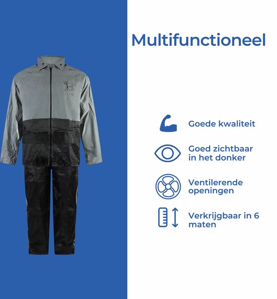 Grijs en zwart multifunctioneel C-line regenpak met symbolen voor kwaliteit, zichtbaarheid, ventilatie en maten.