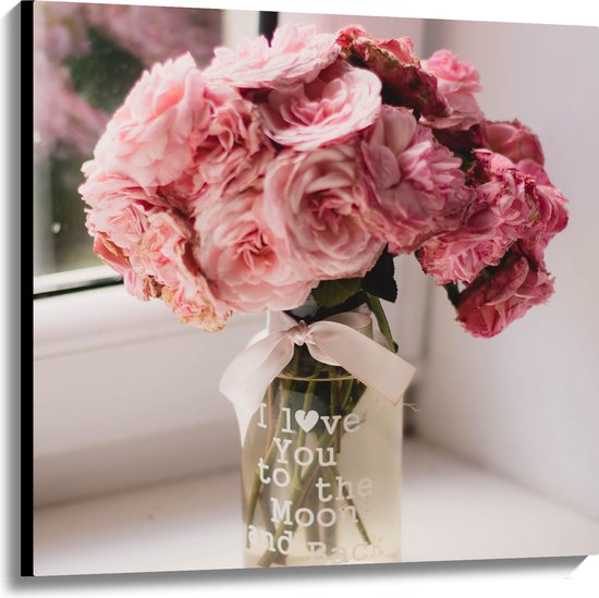 Canvas - Boeket Roze Bloemen in Doorzichtige Vaas met Tekst ''I Love You To The Moon And Back'' - 100x100 cm Foto op Canvas Schilderij (Wanddecoratie op Canvas)