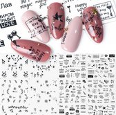 12 Stuks Nagelstickers – Zwart – Quotes & Bladeren – Nail Art Stickers