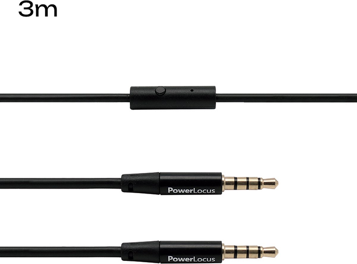 PowerLocus Audio Kabel 3.5mm Jack, Aux Kabel met Microfoon voor Koptelefoons - 3 Meters - Zwart