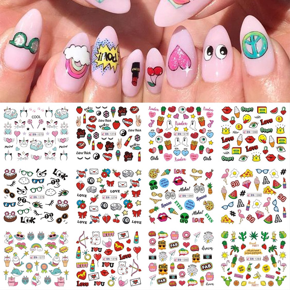 Goedkoopste 12 Stuks Nagelstickers – Funny Icoontjes – Ogen, Dobbelsteen, Pizza, Watermeloen, Cactus, IJs – Nail Art Stickers