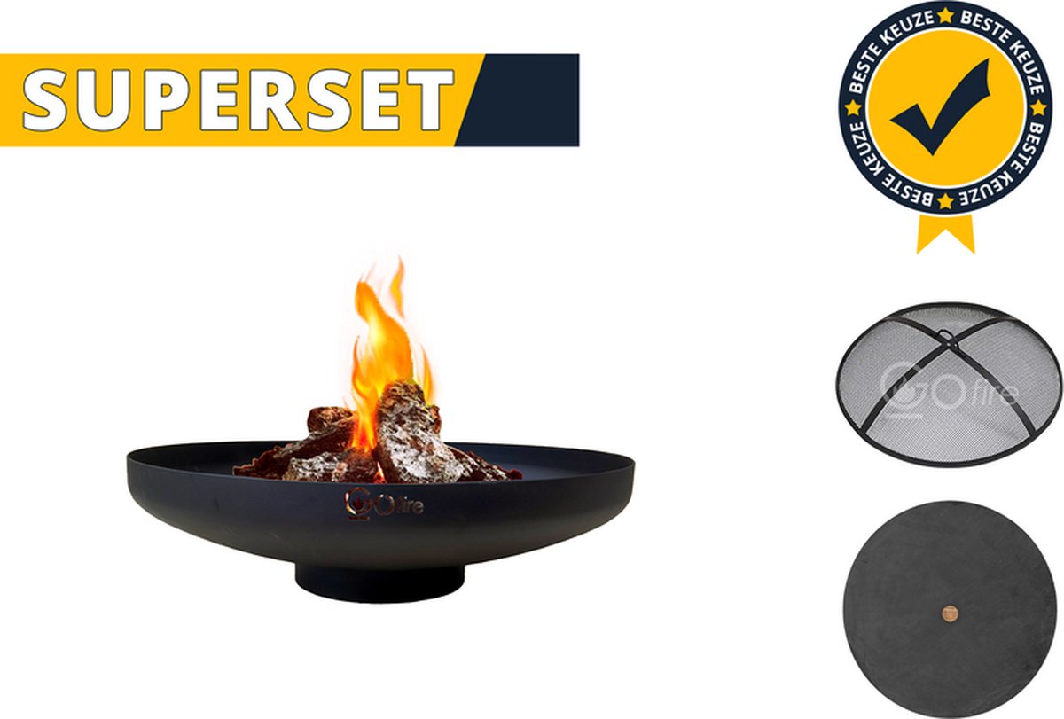 GoFire Oda SUPERSET Vuurschaal - Zwart - 80 cm - Hittebestendige coating - staaldikte 3mm - incl Vonkenscherm & Deksel voor vuurschaal