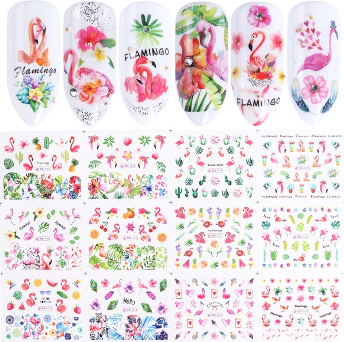 Goedkoopste 12 Stuks Nagelstickers – Flamingo, Tropische Bladeren – Nail Art Stickers – Set van 12 nagelstickers – Flamingo en tropische bladeren designs – nail art en decoratie – Gemakkelijk aan te brengen – thuis en salons