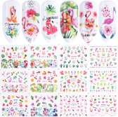 12 Stuks Nagelstickers – Flamingo, Tropische Bladeren – Nail Art Stickers