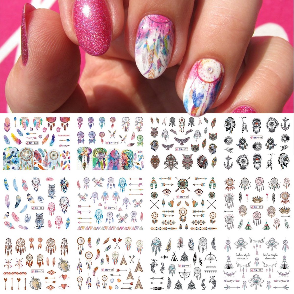 Goedkoopste 12 Stuks Nagelstickers – Indianen Thema – Dromenvanger, Tipi Tent, Indianentooi, Veren – Nail Art Stickers