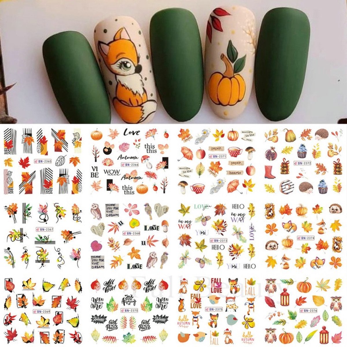 Goedkoopste 12 Stuks Nagelstickers – Herfst, Egel, Bladeren – Nail Art Stickers