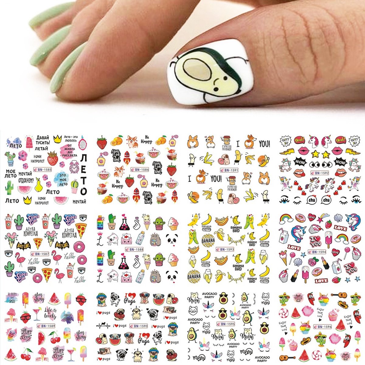 Goedkoopste 12 Stuks Nagelstickers – Schattige icoontjes – Unicorns, Avocado, Bananen, ijsjes – Nail Art Stickers