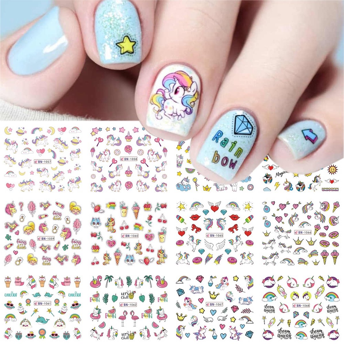 Goedkoopste 12 Stuks Nagelstickers – Rainbows & Unicorns – Nail Art Stickers – Set van 12 nagelstickers – Regenbogen en unicorn designs – nail art – Leuke en vrolijke patronen – thuis en salons