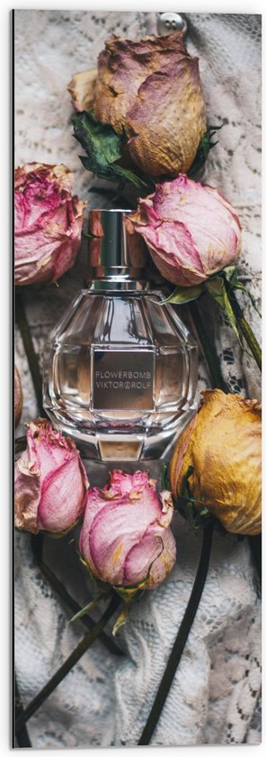 Dibond - Gedroogde Rozen om Chique Parfum Flesje - 30x90 cm Foto op Aluminium (Wanddecoratie van metaal)