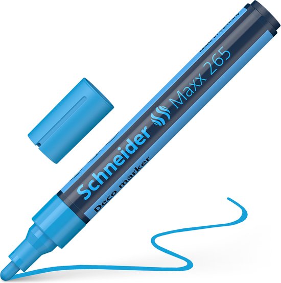 Marqueur deco Schneider Maxx 265 bleu, avec capuchon et trait bleu.