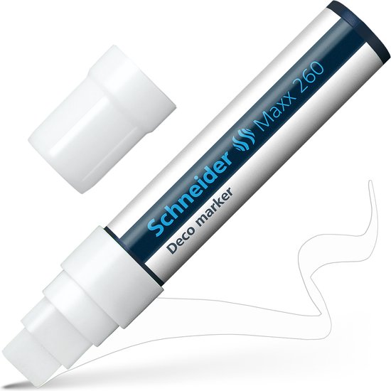Marqueur Schneider Maxx 260 deco avec capuchon blanc, couleur argentée avec texte bleu.