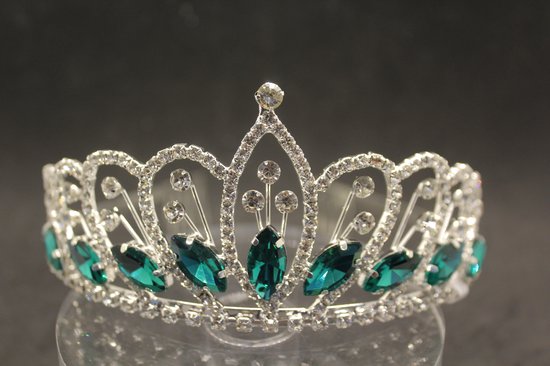 Diadème De Couronne Vert Et Strass - Pour Mariage, Déguisement Princesse, Fête - En Alliage De Zinc, 13.5 X 16.2 Cm