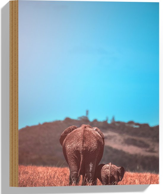 WallClassics - Hout - Moeder en Baby Olifant tussen het Hoge Gras - 30x40 cm - 9 mm dik - Foto op Hout (Met Ophangsysteem)