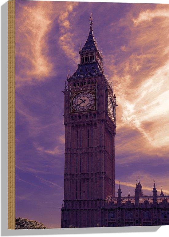 Hout - Big Ben van Londen onder Pastelpaarse Lucht - 40x60 cm - 9 mm dik - Foto op Hout (Met Ophangsysteem)