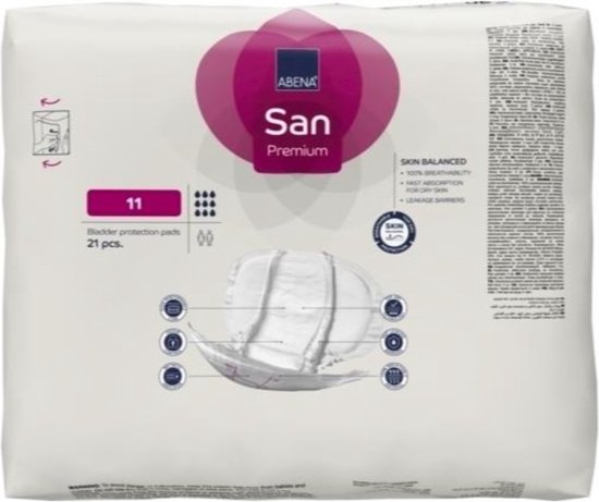 Abena San Premium 11 verpakking met 21 bladder protection pads, met een illustratie van een inlegkruisje.