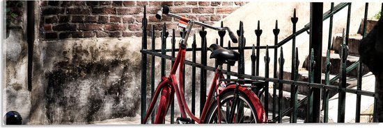 WallClassics - Acrylglas - Rode fiets voor groen Hek - 60x20 cm Foto op Acrylglas (Wanddecoratie op Acrylaat)