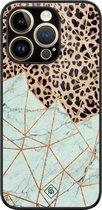 Casimoda® hoesje - Geschikt voor iPhone 14 Pro Max - Luipaard Marmer Mint - Luxe Hard Case Zwart - Backcover telefoonhoesje - Bruin