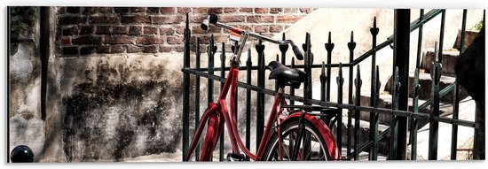 WallClassics - Dibond - Rode fiets voor groen Hek - 60x20 cm Foto op Aluminium (Met Ophangsysteem)