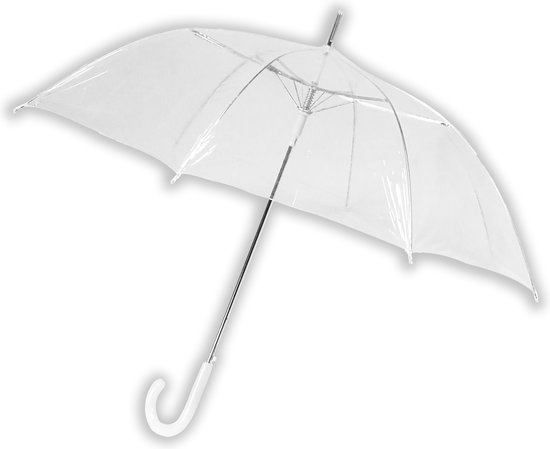 Een geopende transparante paraplu met een witte gebogen handgreep en chromen staaf.