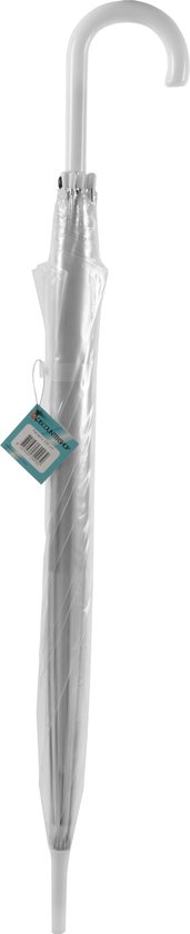 Eén transparante paraplu met wit gebogen handvat en een label, op de zijkant.
