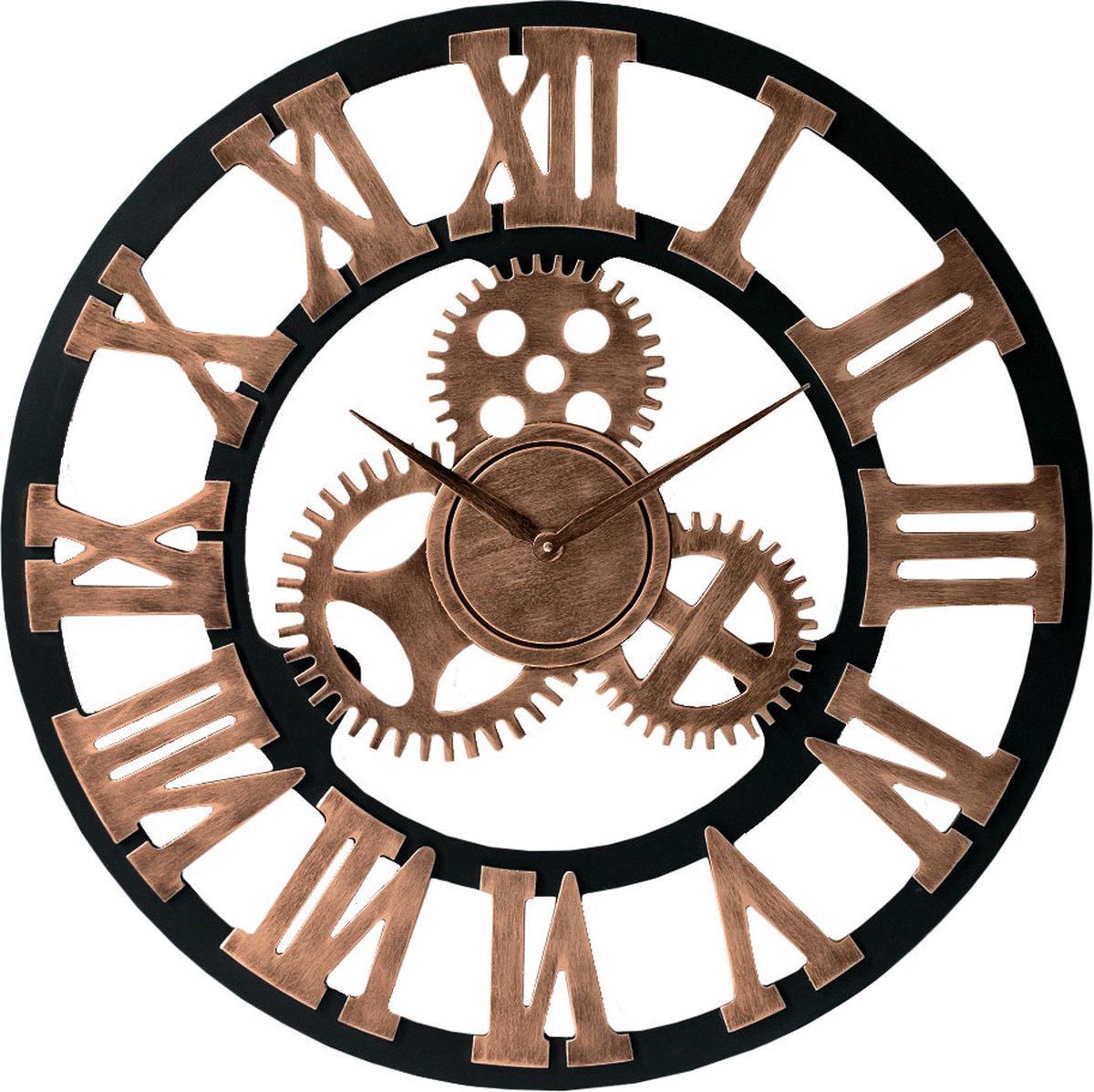 LW Collection Wandklok hout brons met tandwielen 60cm - grote industriële wandklok - Wandklok met wielen romeinse cijfers - Landelijke klok stil uurwerk - LW collection