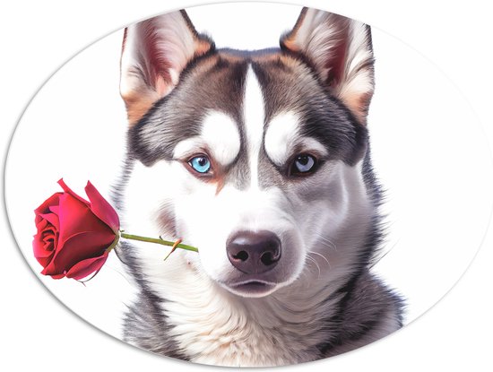 PVC Schuimplaat Ovaal - Romantische Husky Hond met Roos tegen Witte Achtegrond - 96x72 cm Foto op Ovaal (Met Ophangsysteem)