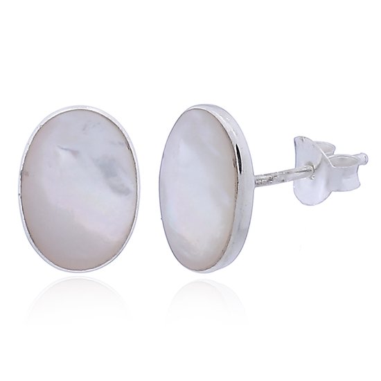 Joy|S - Zilveren ovale oorbellen - 9 x 11 mm - zacht wit / creme schelp "mother of pearl" - oorknoppen