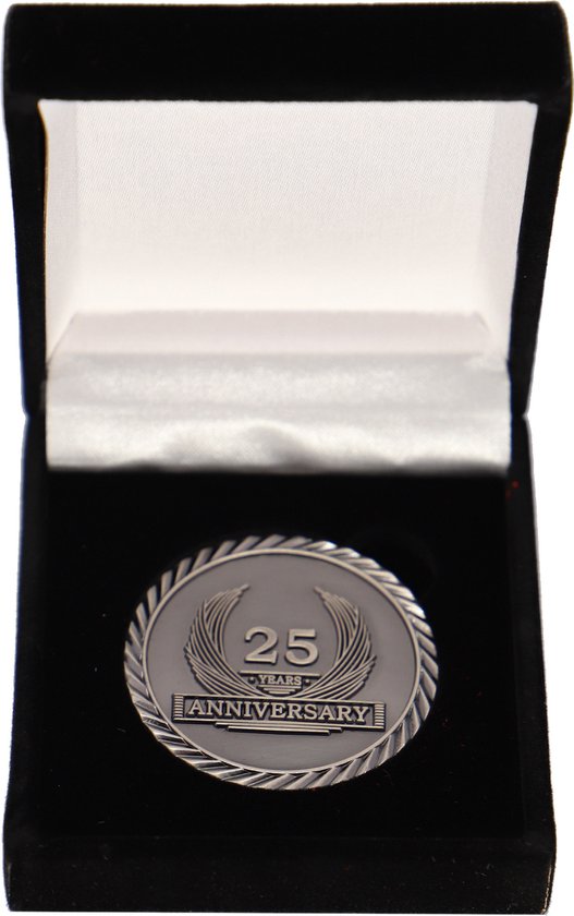 coinsandawards.com - Jubileummunt - 25 jaar - antiek zilver - fluwelen geschenkdoos