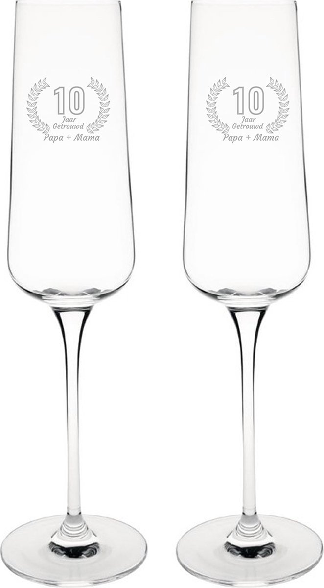 Gegraveerde set champagneglazen 27cl Papa + Mama 10 jaar getrouwd