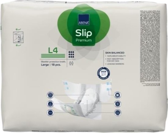Pak Abena Slip Premium L4, met groene en witte branding. Met afbeelding van een luier.