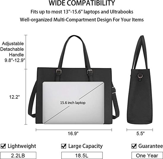 IGOLUMON Handtasche Damen Shopper Damen Groß Schwarz Laptop Tasche 15.6 Zoll PU Leder Umhängetasche Arbeitstasche Wasserdicht für Business Büro Arbeit Lehrertasche Schule