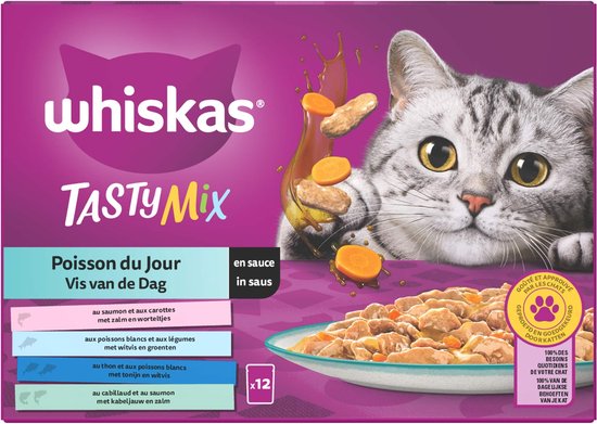 Whiskas 1+ - Tasty Mix - Kattenvoer Natvoer - Vis van de dag in saus - maaltijdzakjes 48 x 85 g
