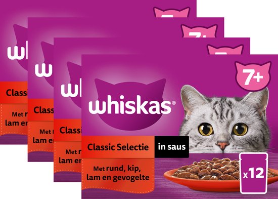 Whiskas Kattenvoer 7+ Senior - Maaltijdzakjes Multipack - Classic Selectie in Saus - 48 x 85g