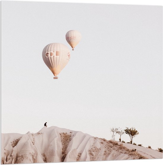 WallClassics - Acrylglas - Luchtballonnen boven Bergen - 100x100 cm Foto op Acrylglas (Met Ophangsysteem)