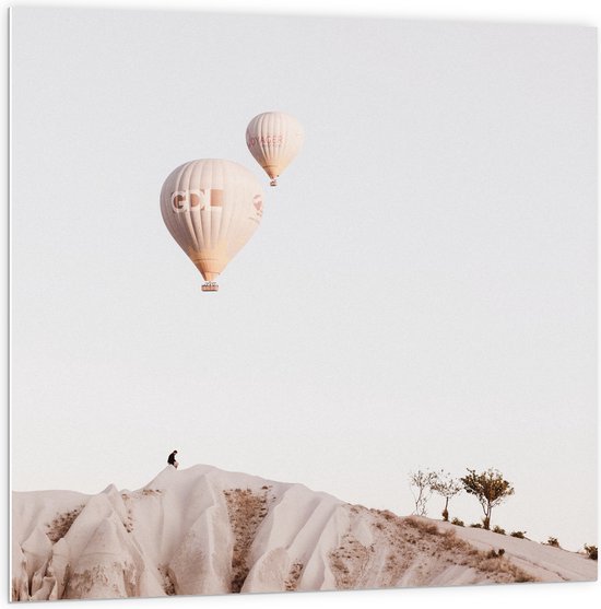 WallClassics - PVC Schuimplaat- Luchtballonnen boven Bergen - 100x100 cm Foto op PVC Schuimplaat
